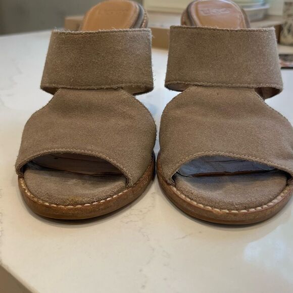 UGG Celia Grey Suede Cutout Slide Heels Sandals Heeled Open Toe Mules Sz 6.5 - Picture 4 of 11